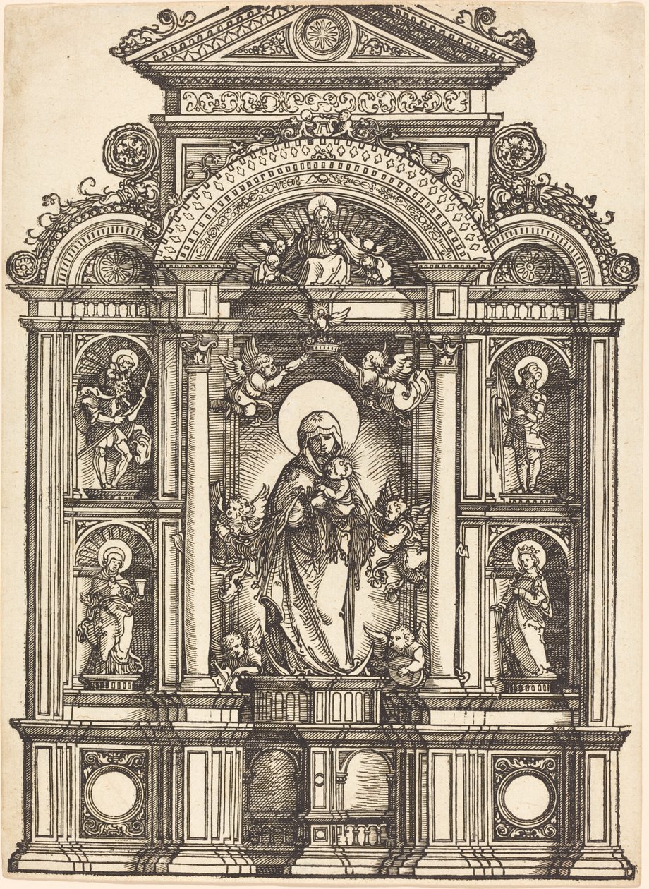 Oltár a Szűzanyával és a Gyermekkel, valamint Szent Kristóf, Borbála, György és Katalin szentekkel alkotó: Albrecht Altdorfer