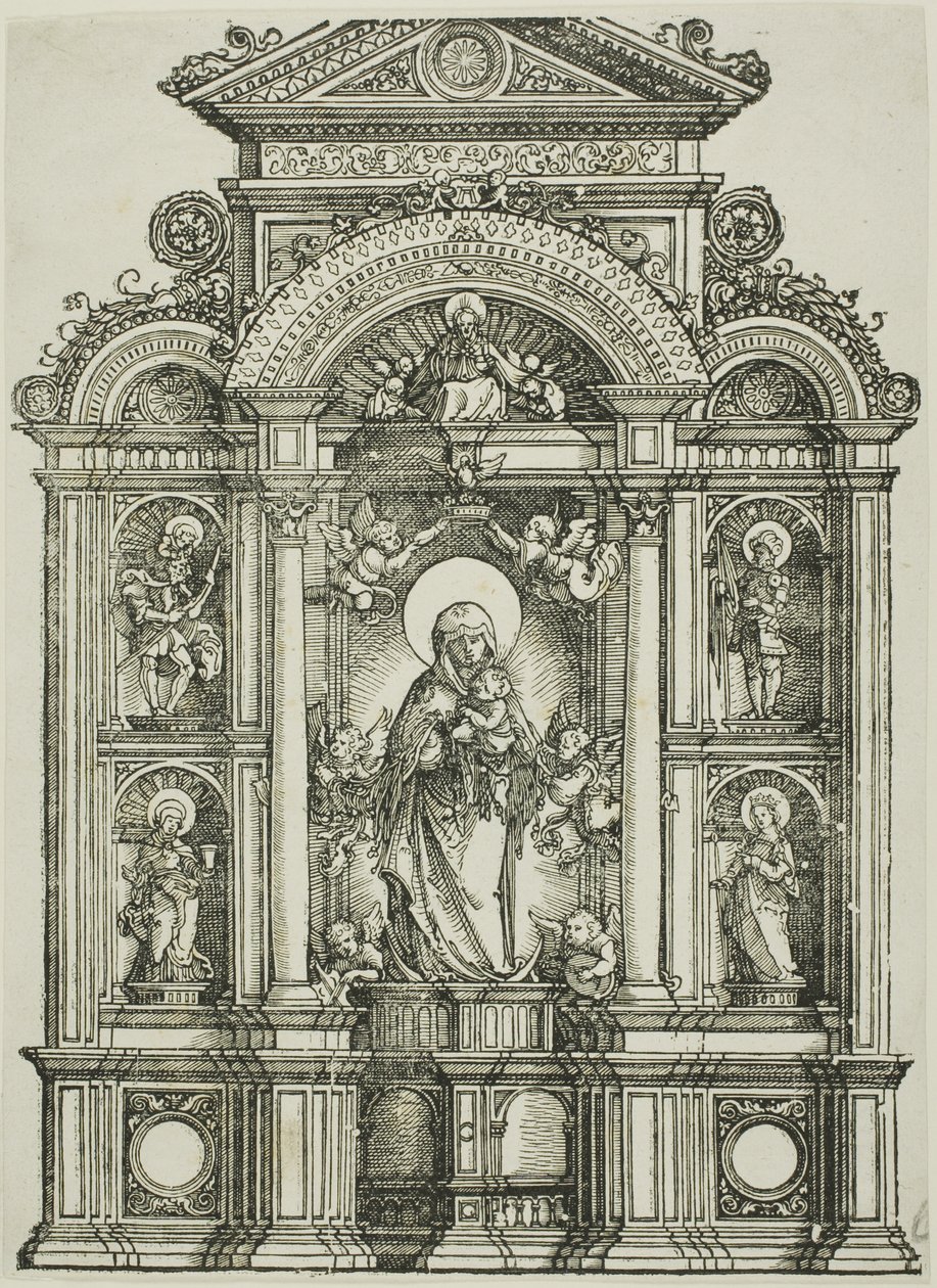 Oltárkép a regensburgi Szűzanyával, valamint a fülkékben álló Szent Kristóf, Mária Magdolna, Flórián és Katalin, fölötte az Atyaisten. alkotó: Albrecht Altdorfer