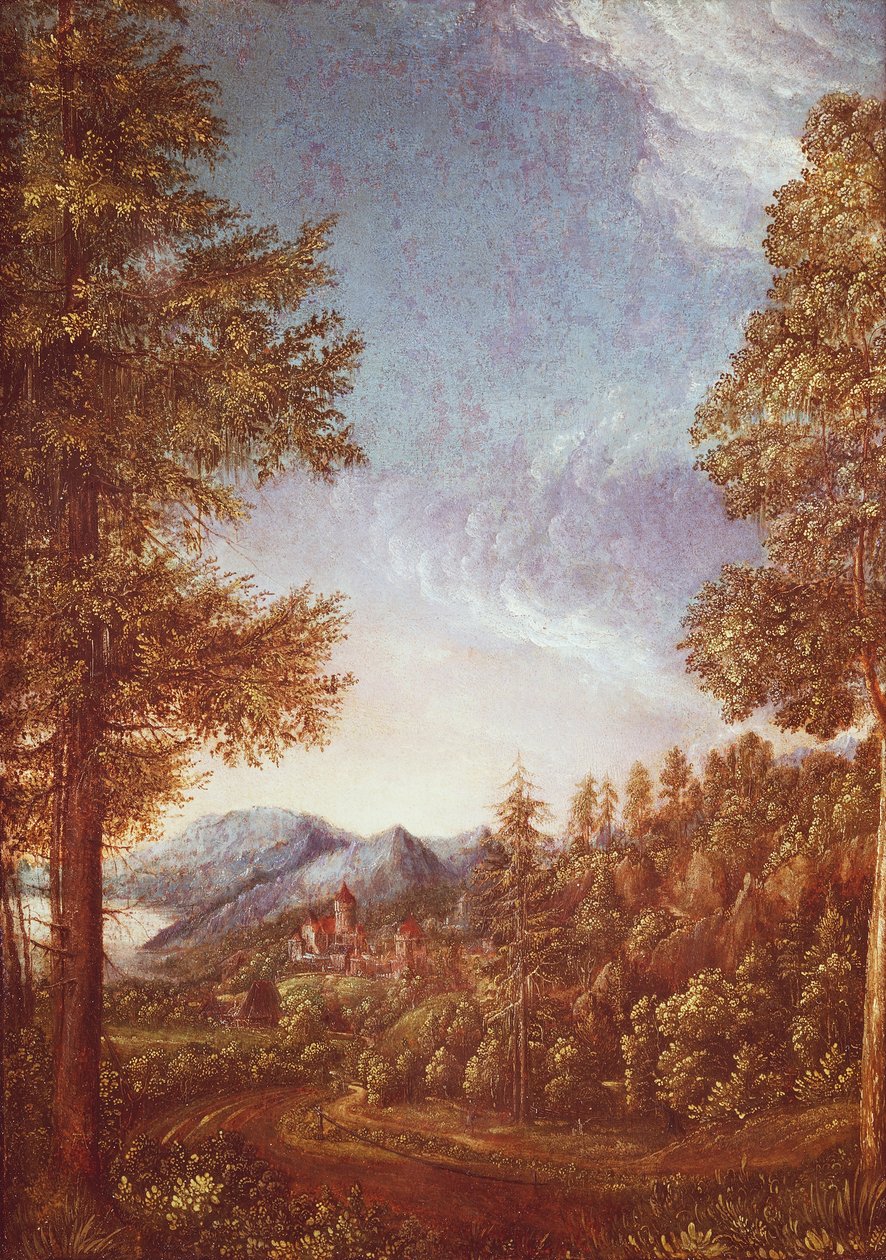 Dunai táj a Worth-várral, 1522-25 körül (pergamen, bükkfa) alkotó: Albrecht Altdorfer