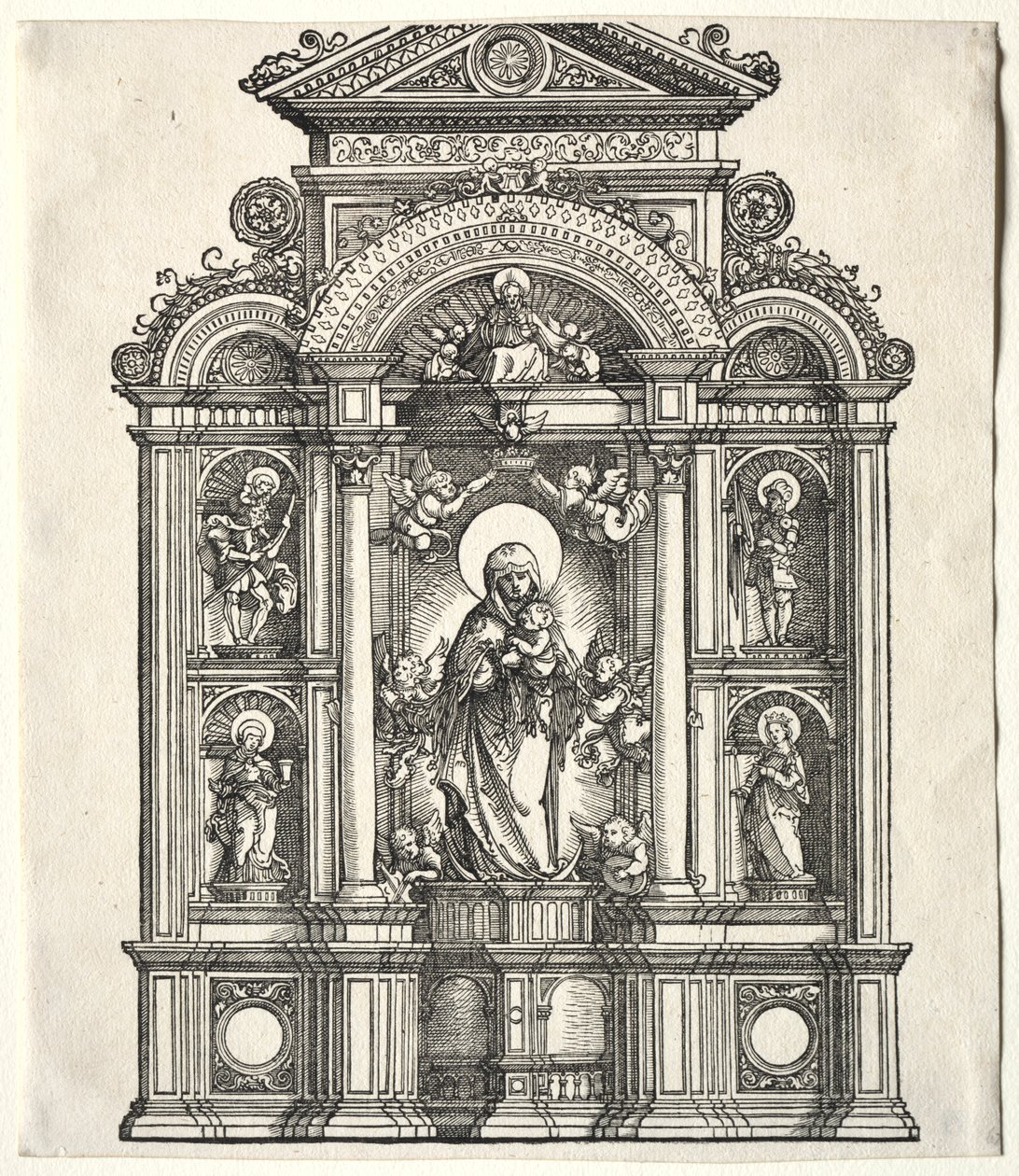 Nagy oltár a Szűzanyával, az SS határában. Christopher, George, Barbara, Catherine alkotó: Albrecht Altdorfer