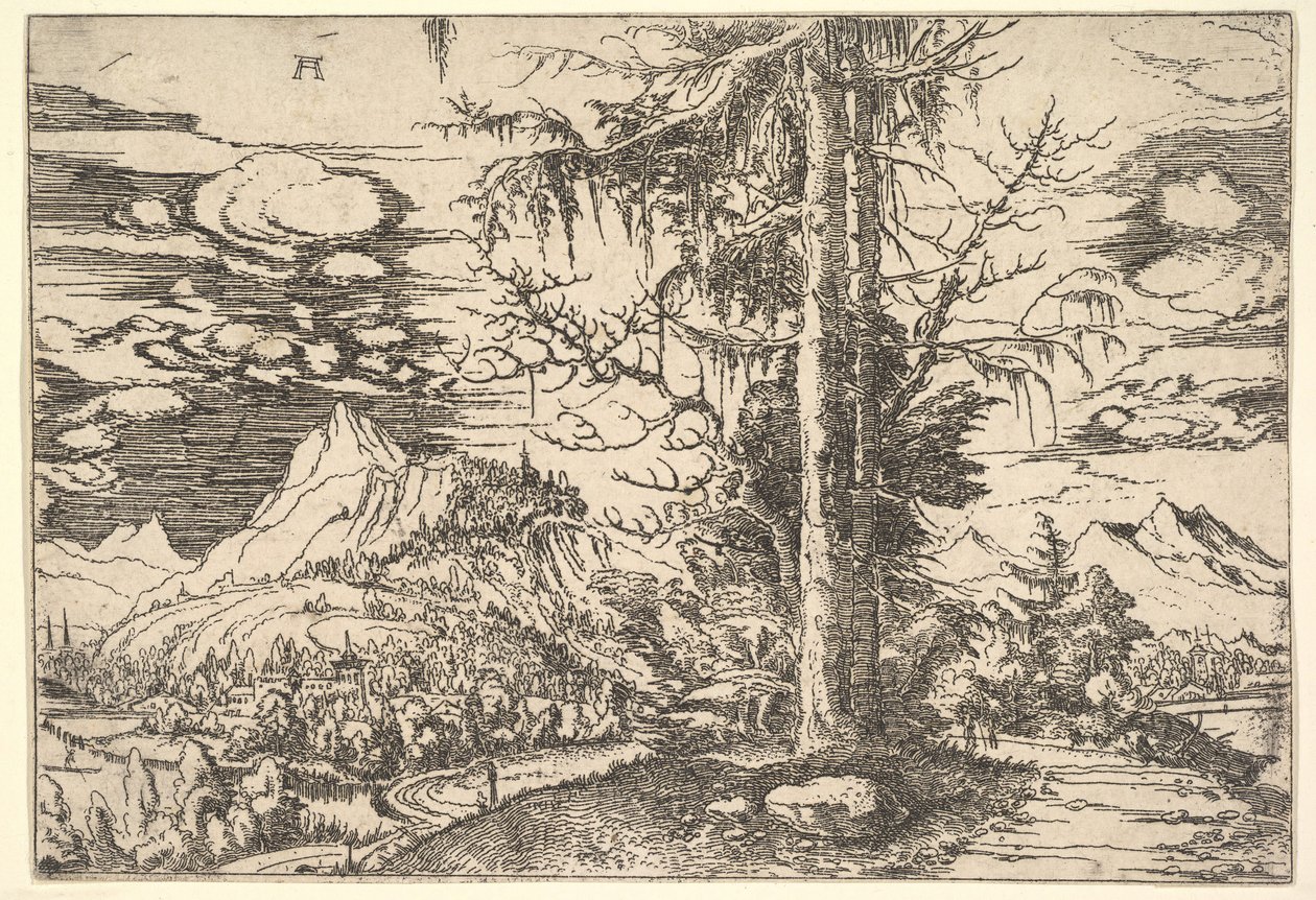 Táj dupla lucfenyővel, kb. 1521-22. alkotó: Albrecht Altdorfer