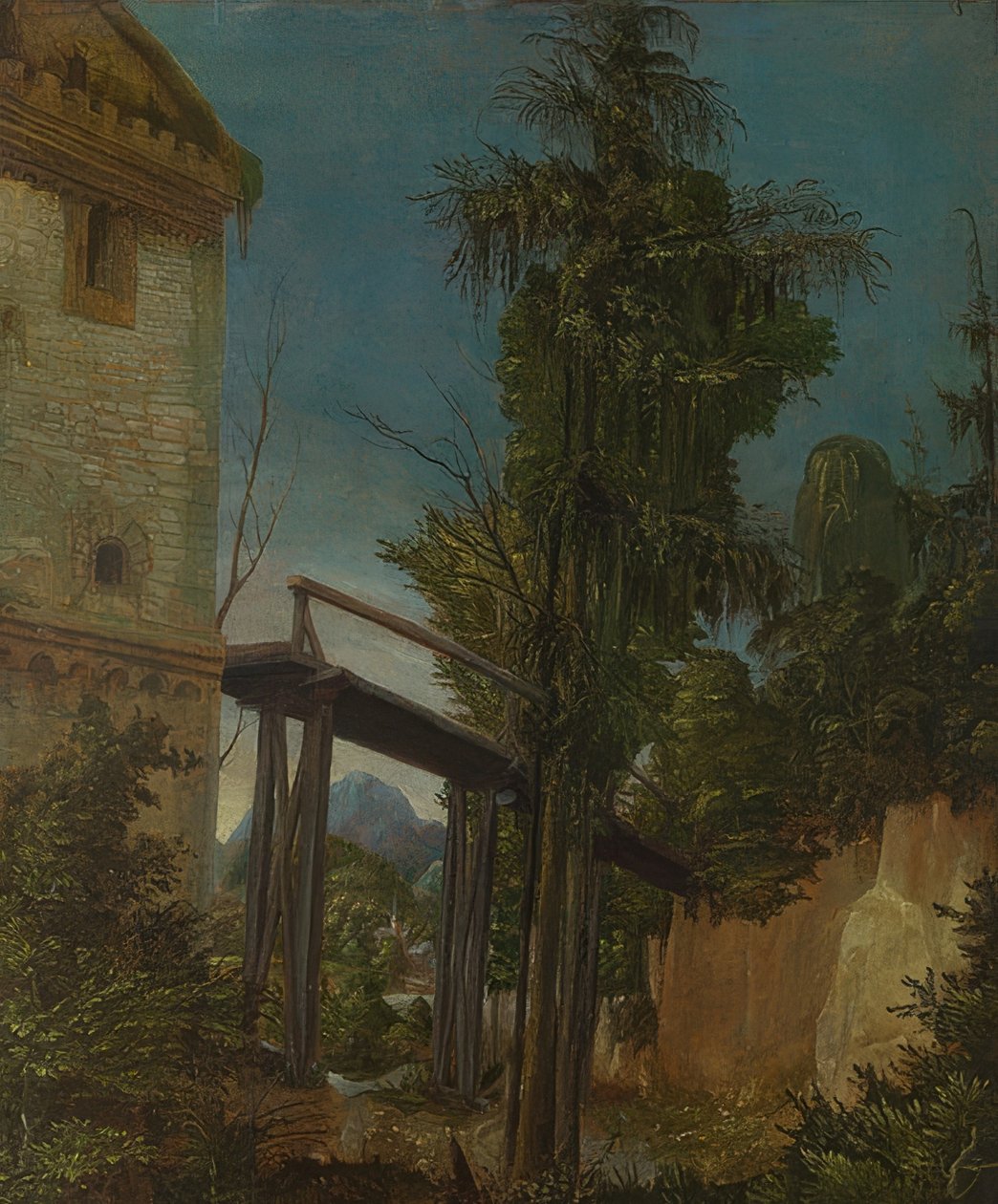 Tájkép egy gyaloghíddal. 1518-20 körül alkotó: Albrecht Altdorfer