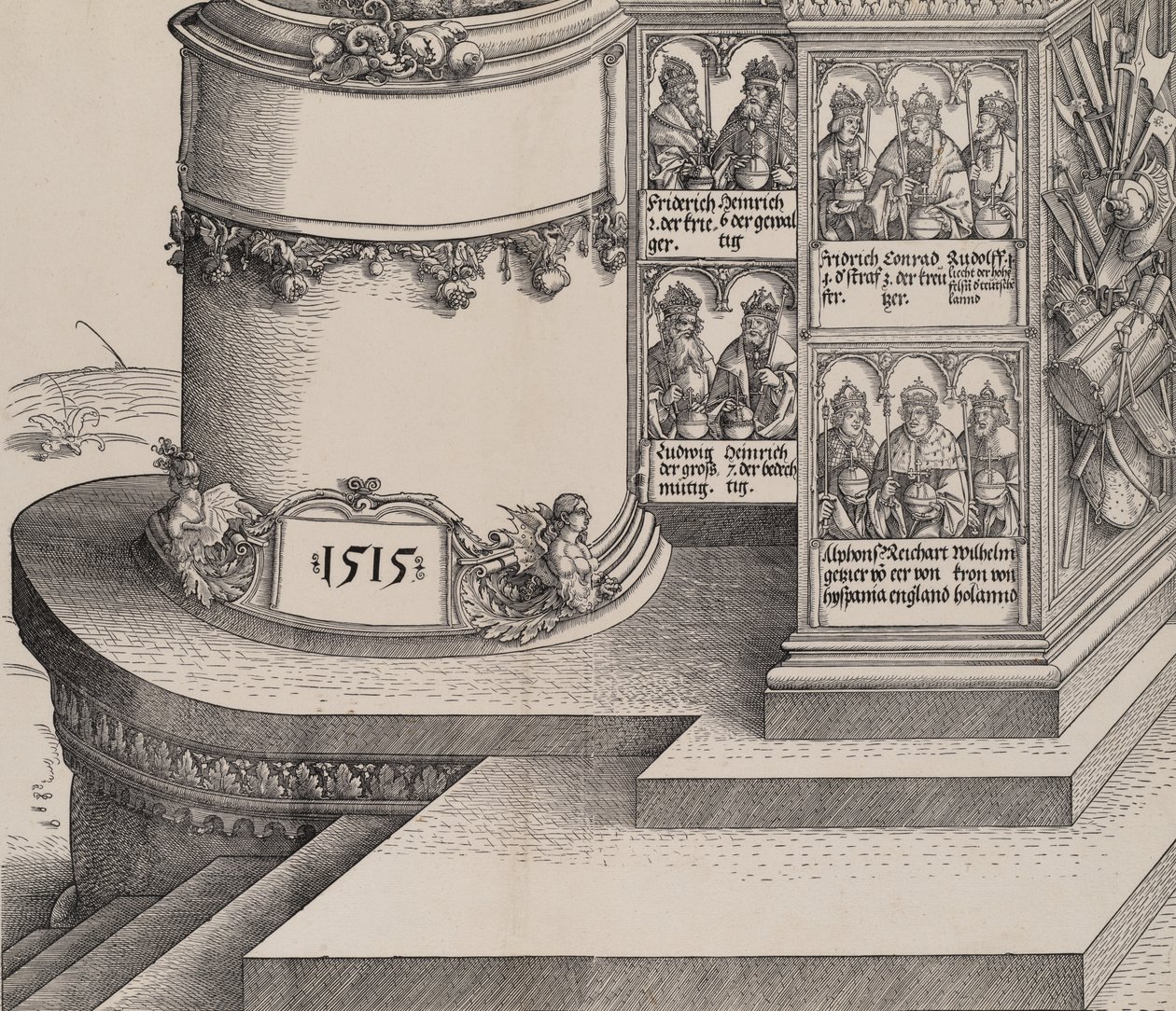 Maximilian rokonainak portréi és a bal oldali külső oszlop alapja 1... dátummal, 1515. alkotó: Albrecht Altdorfer