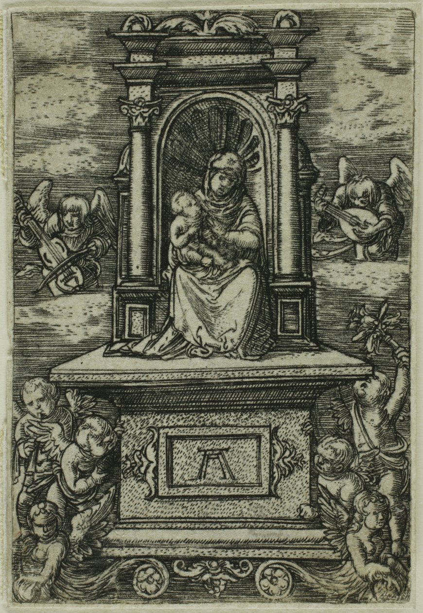 "A regensburgi gyönyörű Szűzanya" a trónon ülő Gyermekkel, körülötte hangszeres angyalok. alkotó: Albrecht Altdorfer
