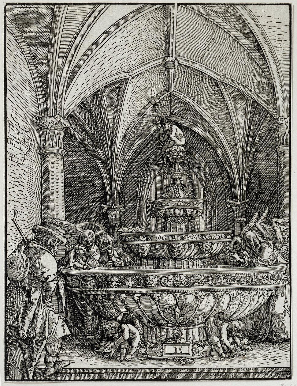 A Szent Családé a szökőkút. A német Albrecht Altdorfer (1480-1538) metszete. Louvre múzeum alkotó: Albrecht Altdorfer