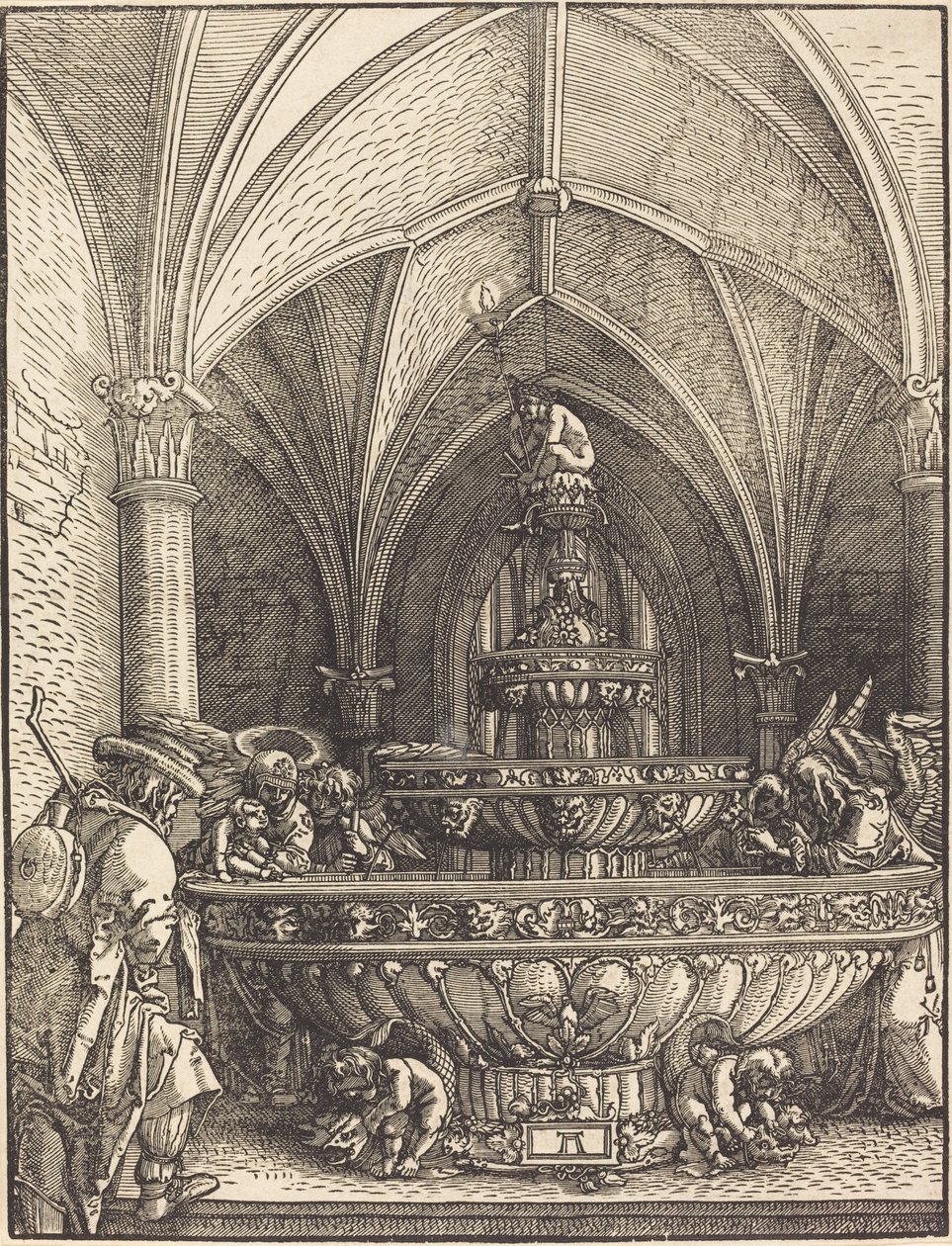 A többiek Egyiptomba menekülő szökőkútnál alkotó: Albrecht Altdorfer