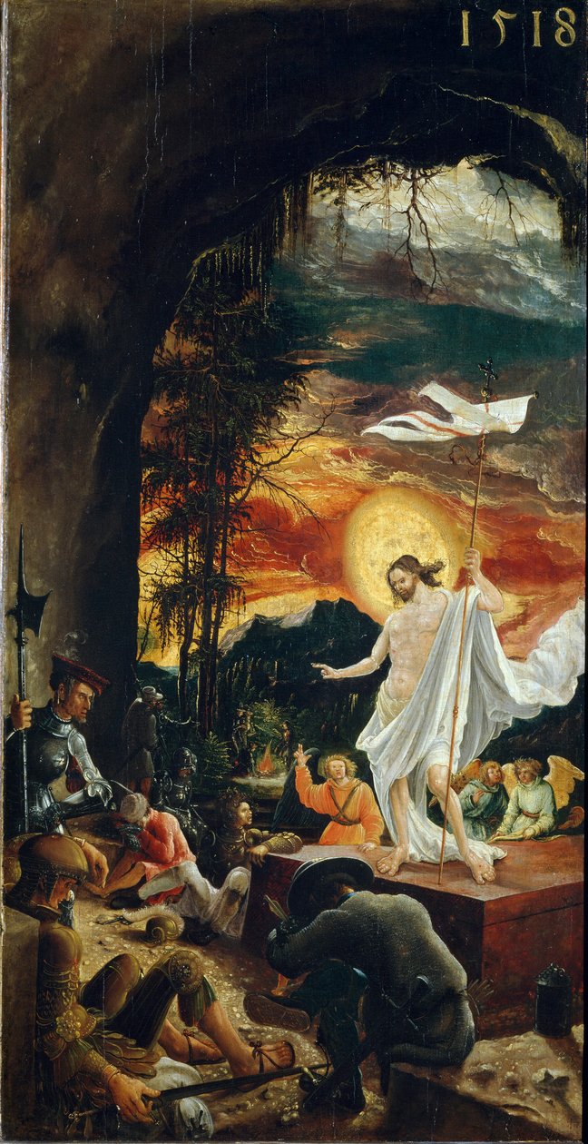 Krisztus feltámadása Keresztbotot tart, melynek végén fehér zászló (standard) lebeg. Albrecht Altdorfer festménye (kb. 1480-1538) 1518 Dim. 70x37 cm Bécsi Kunsthistorisches Museum alkotó: Albrecht Altdorfer