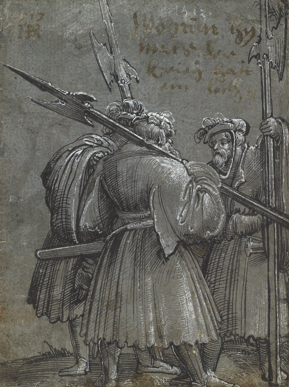 Három éjjeliőr, 1513 (rajz kék szürke papírra) alkotó: Albrecht Altdorfer