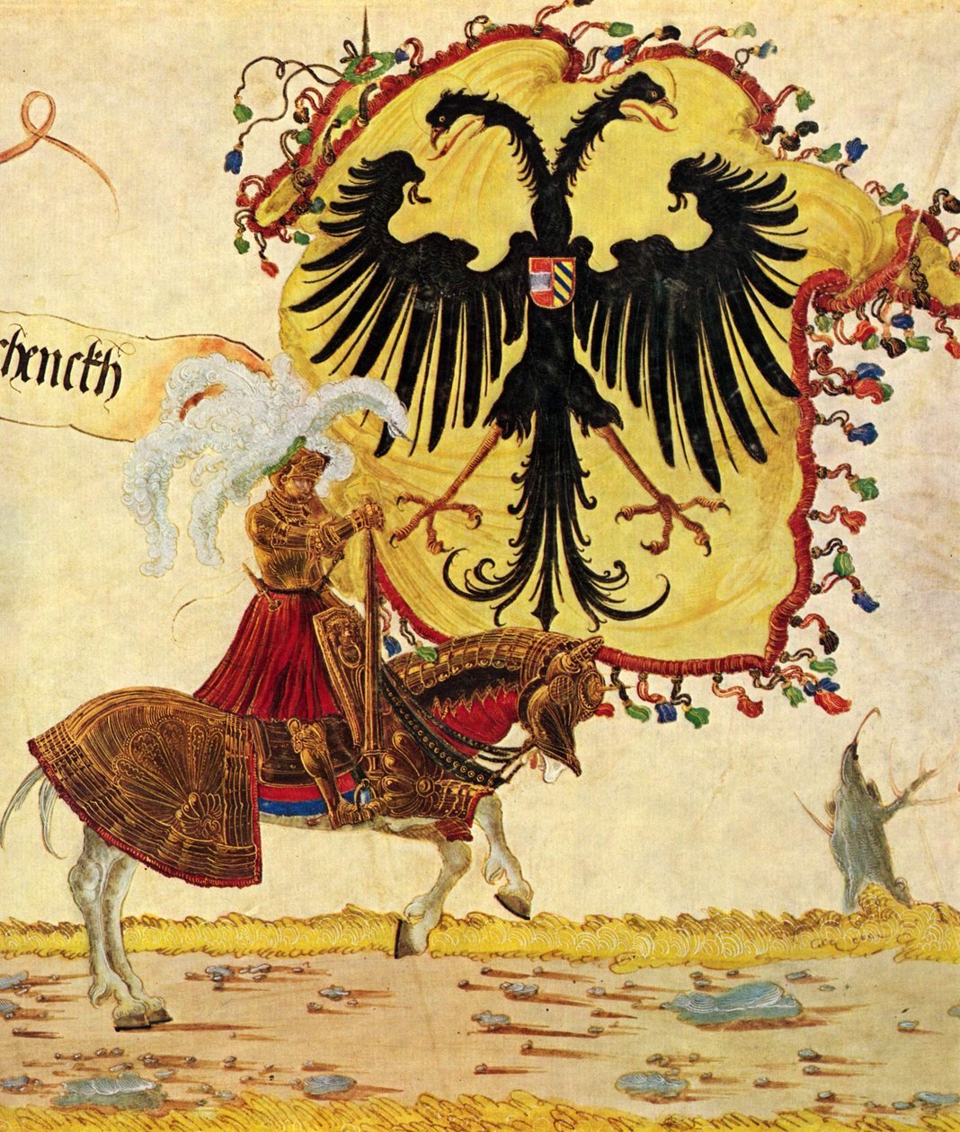 Maximilianus császár diadalmenete, jelenet: császári zászló és kard, részlet alkotó: Albrecht Altdorfer