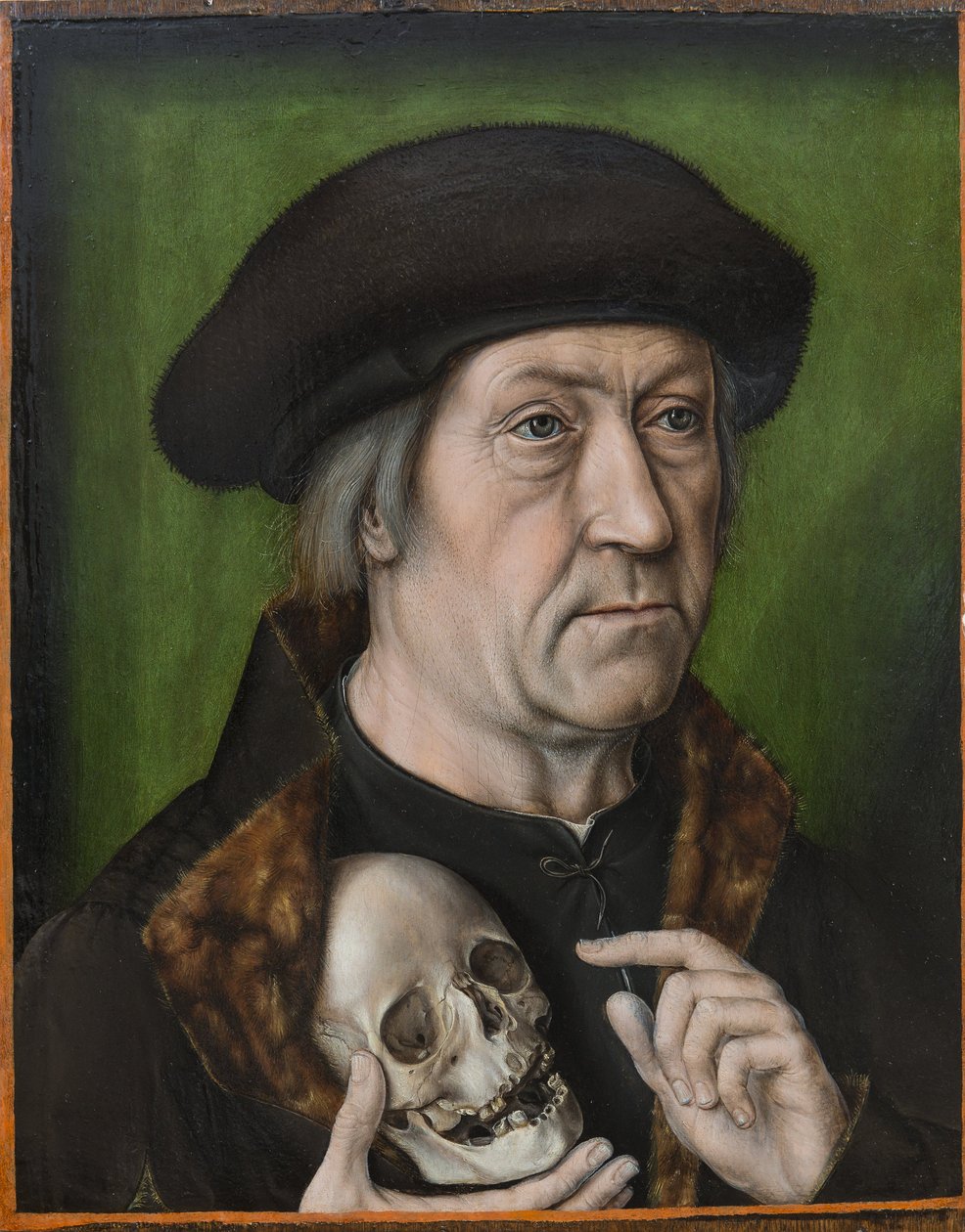 Autoportré avec un crane – Önarckép koponyával, Bouts, Aelbrecht (Albert) (1451/54-1549). Olaj, fa, c. 1520. Mérete : 42,6x33 cm. Muzeul National Brukenthal, Nagyszeben alkotó: Albrecht Bouts