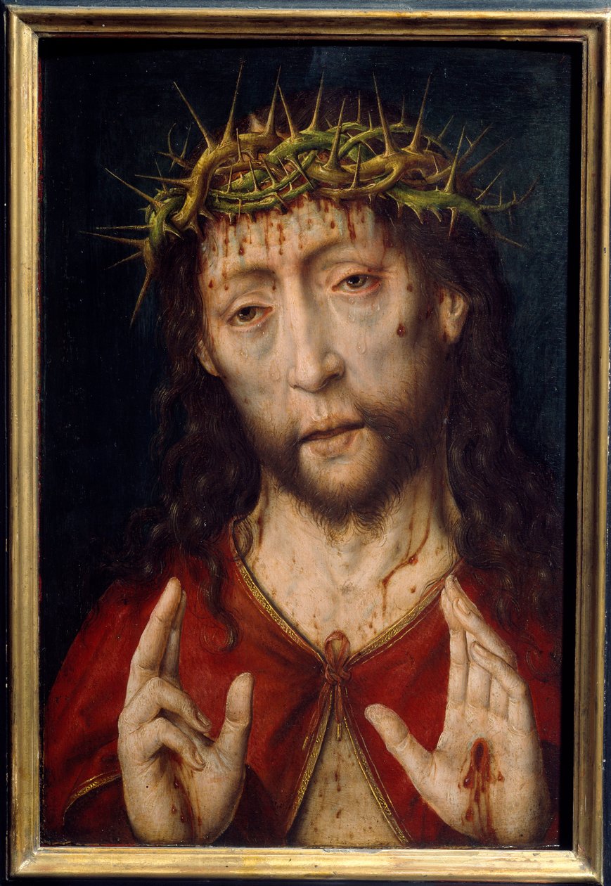 A fájdalom Krisztusa. Krisztus arca véres sebekkel a töviskorona mellett, stigmákkal a tenyerekben. Albrecht Bouts festménye (v.1455-1549) Ec. Hol. alkotó: Albrecht Bouts