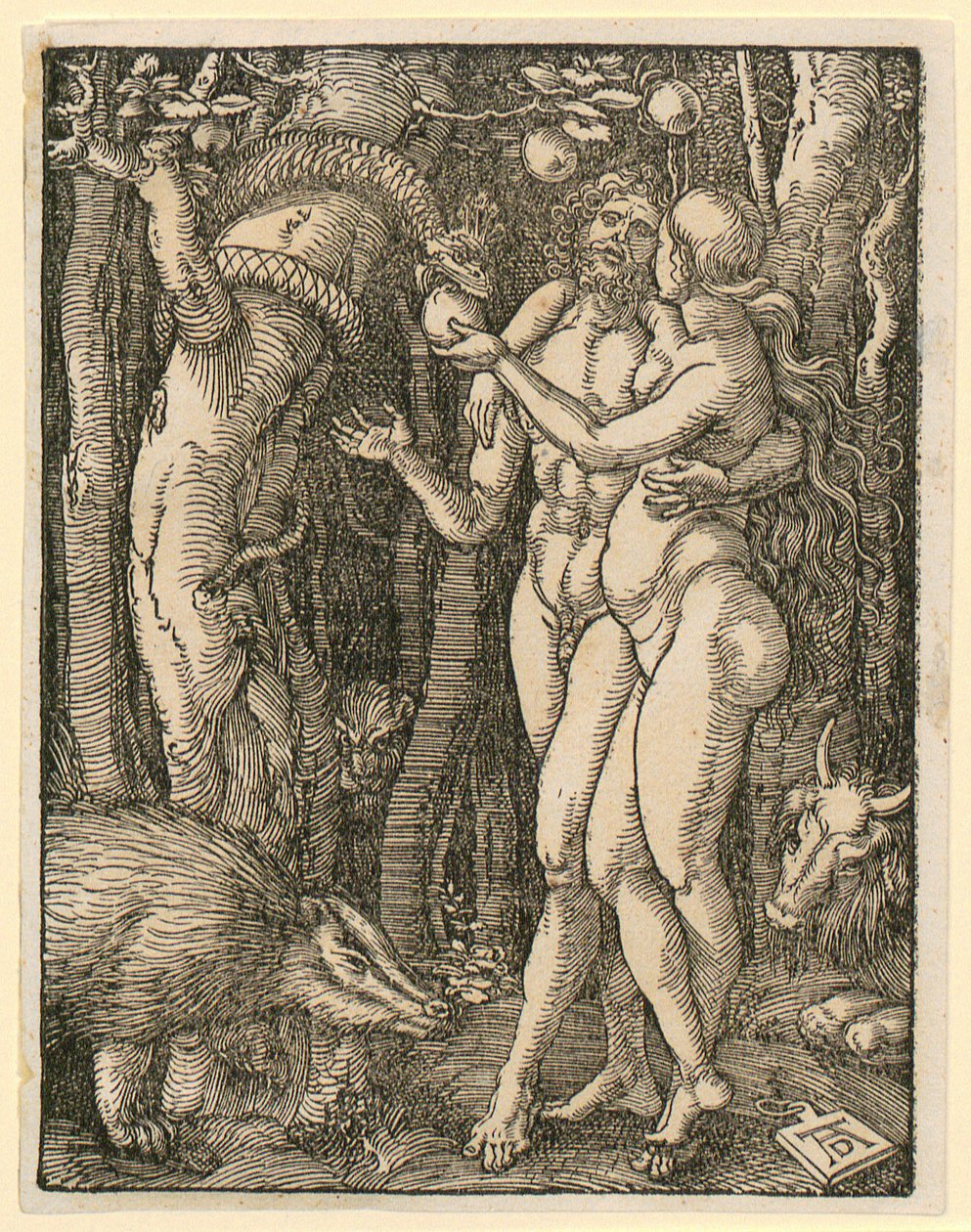 Ádám és Éva, a „Kis fametszet-passió” 2. lapja alkotó: Albrecht Dürer