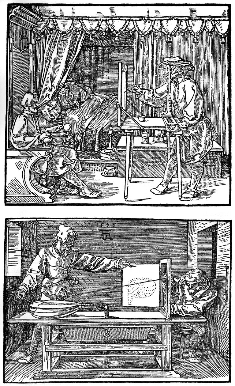 Készülék háromdimenziós objektumok kétdimenziós rajzokká fordítására, 1525, 1936 alkotó: Albrecht Dürer