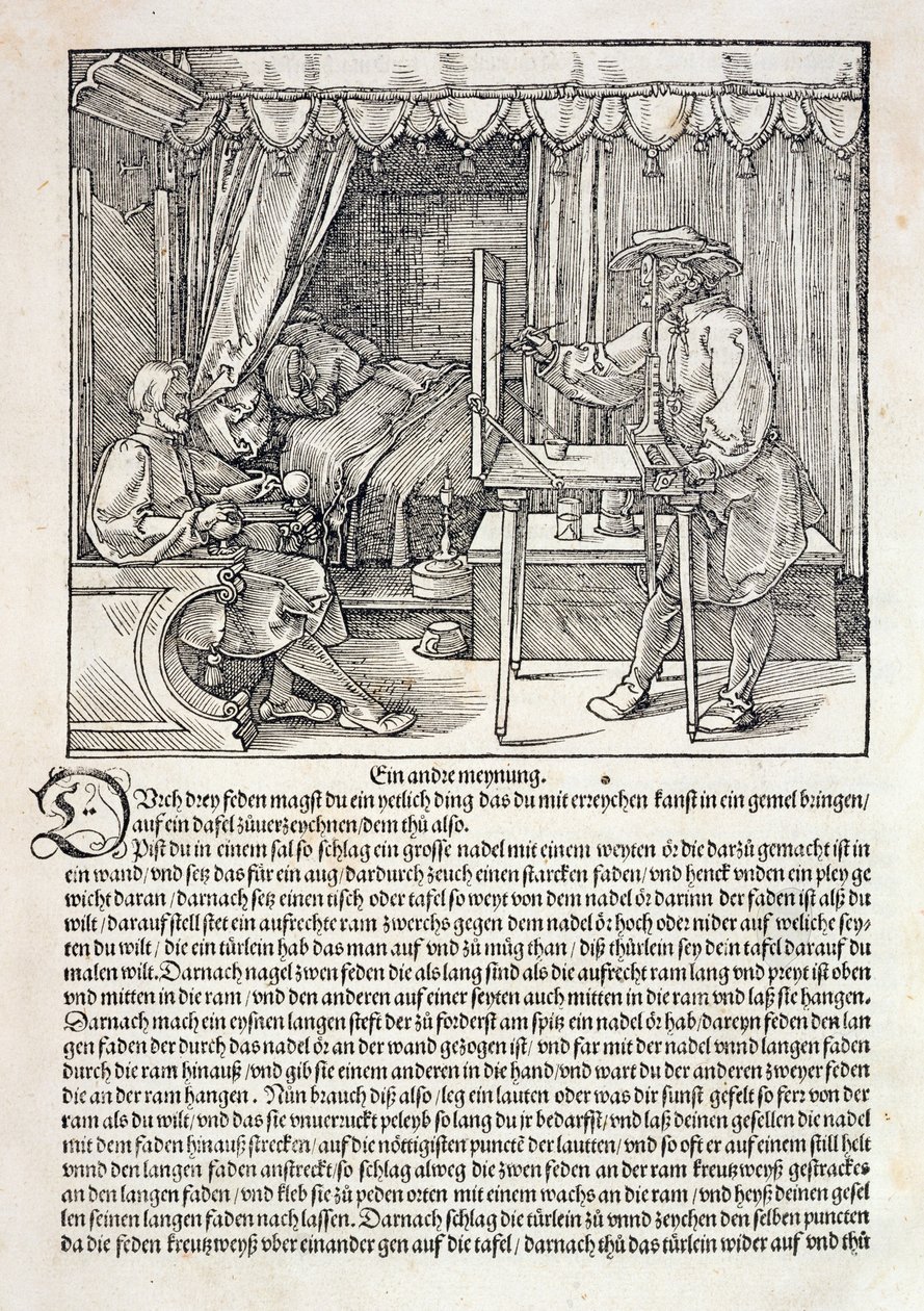 A művész Dürer rajzgépét használja egy alak megfestéséhez, Albrecht Dürer "Tanfolyam a rajzolás művészetéről" című művéből, Nürnberg, 1525 (lásd még 310983). alkotó: Albrecht Dürer