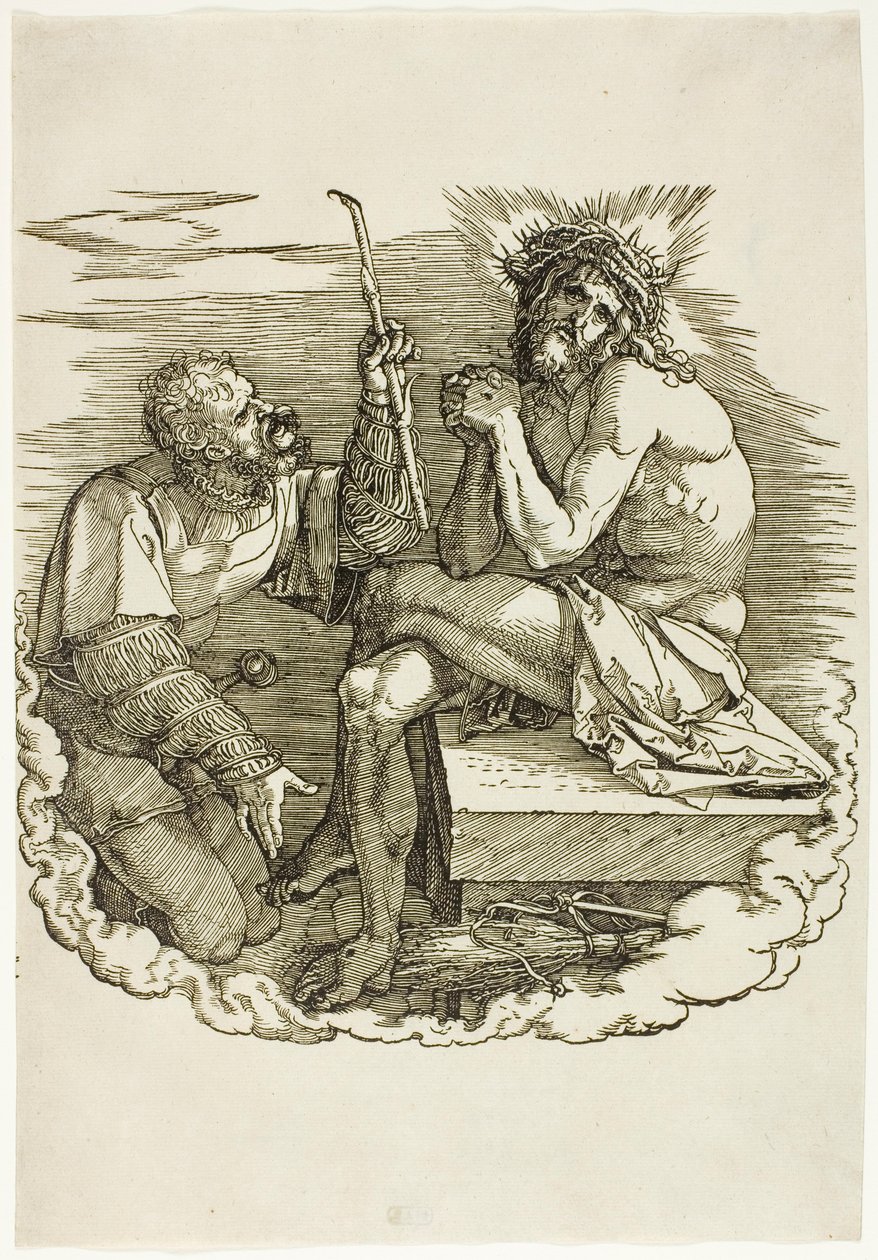 Krisztus, a fájdalmak embere, egy katona által kigúnyolt, előlap a Nagy szenvedélyből alkotó: Albrecht Dürer