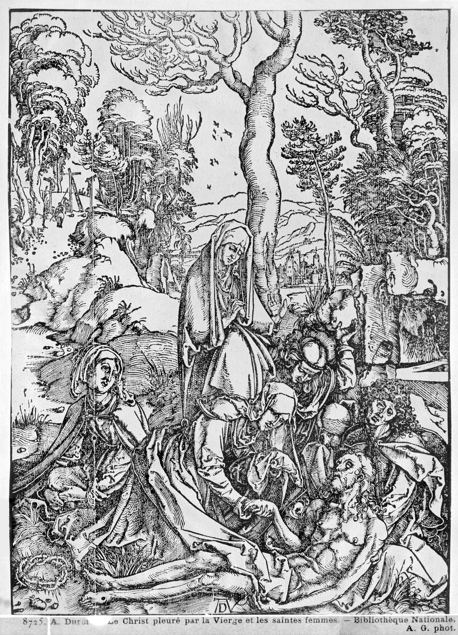 Krisztust, akit a Szűz és a női szentek gyászolnak, a „Nagy szenvedély” sorozatból, 1497-1500 (fametszet) (bw fotó) alkotó: Albrecht Dürer