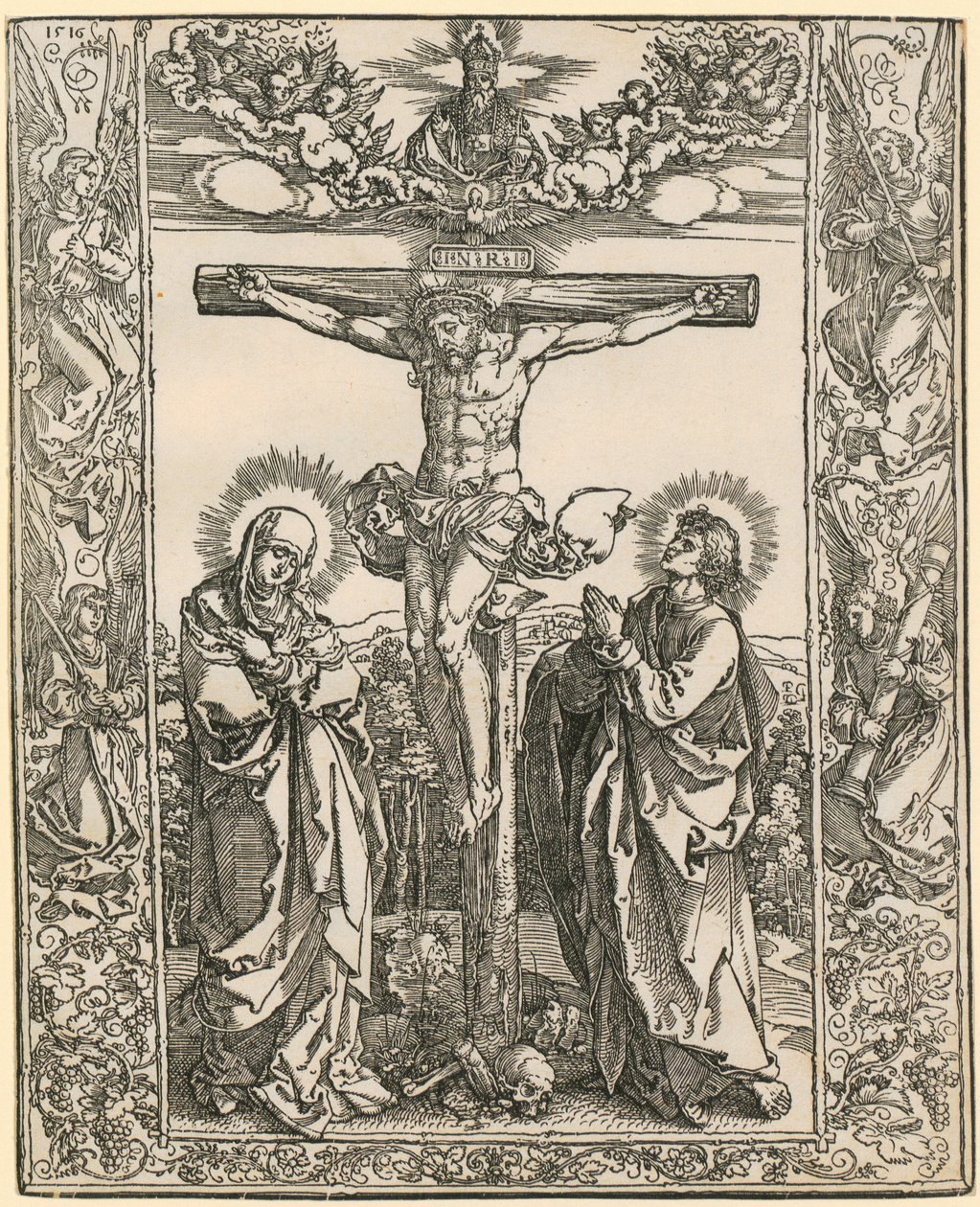 Keresztre feszített Krisztus angyalokkal körülvett kerettel alkotó: Albrecht Dürer