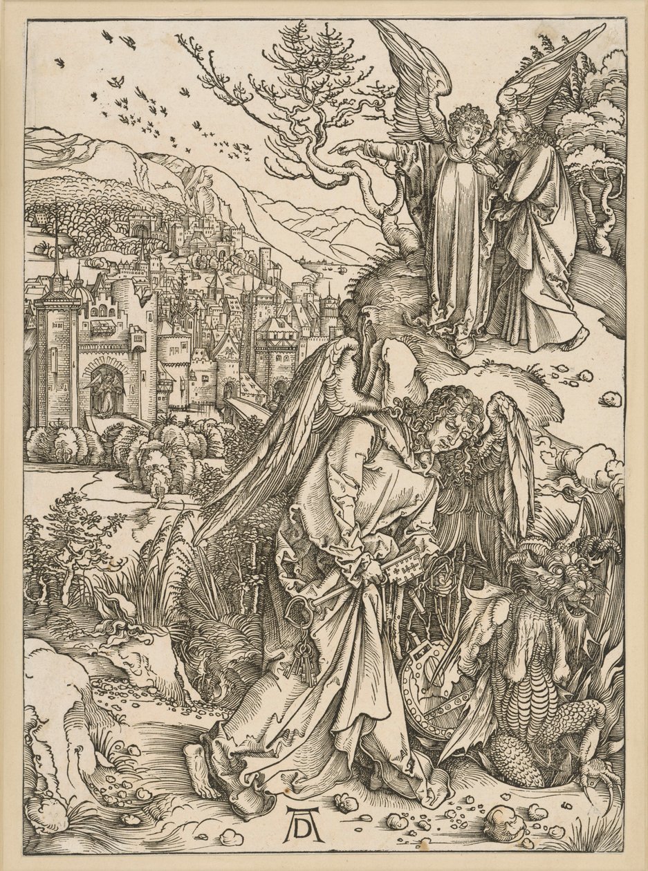 Az angyal a sárkányt a mélységbe veti és bezárja oda (Jelenések könyve) alkotó: Albrecht Dürer