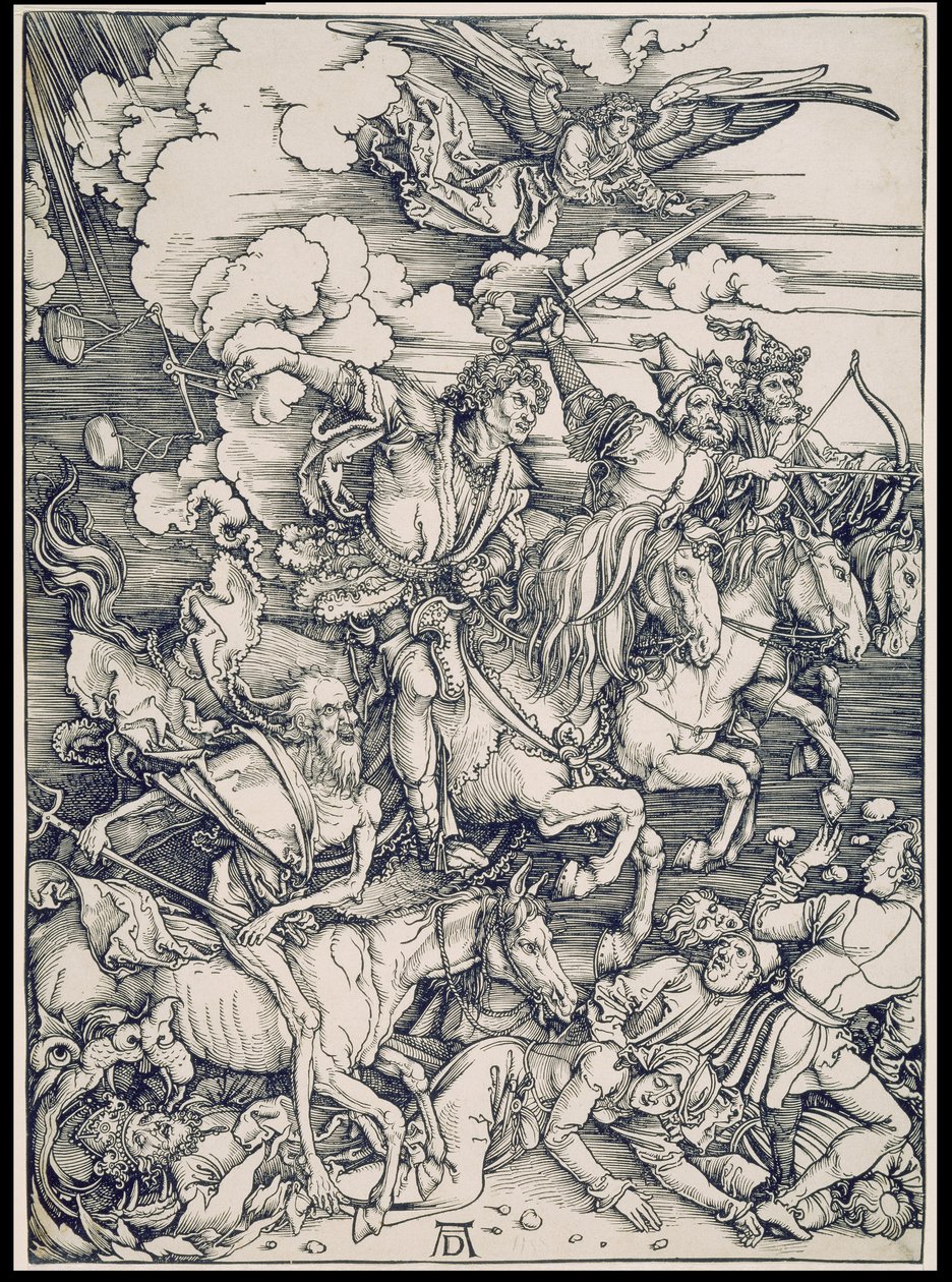 Az apokalipszis lovasai, az Apokalipszis-sorozatból, önálló nyomat a szöveg előtt alkotó: Albrecht Dürer