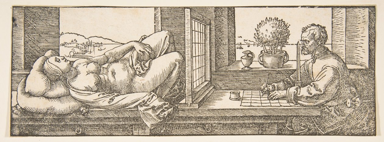Tervező perspektivikus rajzot készít egy fekvő nőről, kb. 1600. alkotó: Albrecht Dürer