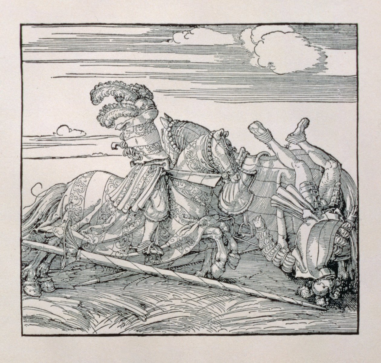 I. Maximilian német császár (1459-1519) egy tornákon leváltja ellenfelét egy kiadatlan könyvből, amely a császárok lovagi tetteit dicsőíti, 1515 körül alkotó: Albrecht Dürer