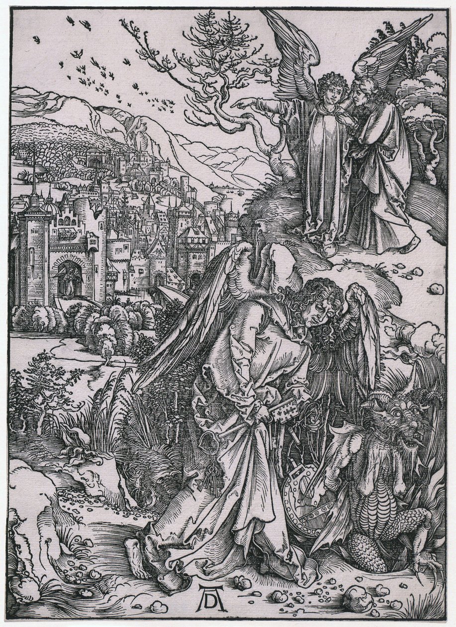 Az alvilág kulcsát tartó angyal, XIV. alak, a „Jelenések könyve” sorozat 16. lapja alkotó: Albrecht Dürer