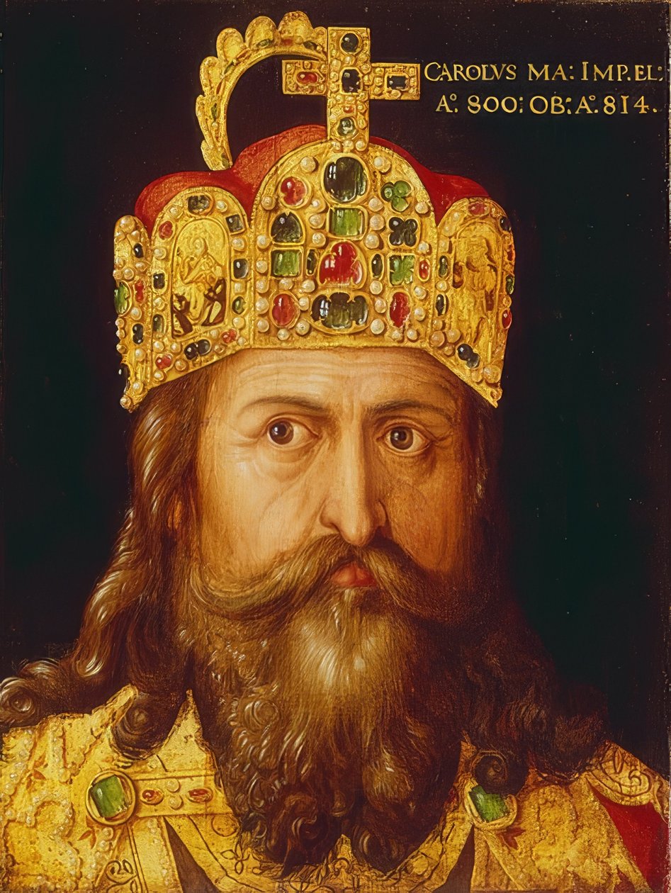 Nagy Károly császár ideális portréja koronázási díszben a császári koronával. Nürnberg, 1517 alkotó: Albrecht Dürer