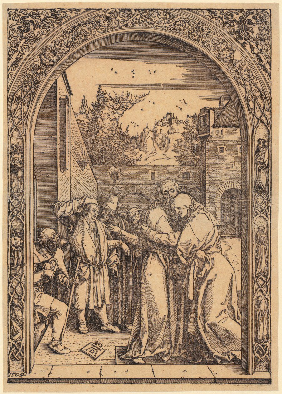 Joachim és Anna az Aranykapu alatt, a „Mária élete” sorozat 4. lapja alkotó: Albrecht Dürer