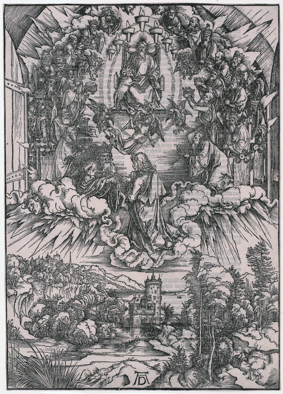 János Isten Atya és a vének előtt, II. alak, a „Jelenések” sorozat 4. lapja alkotó: Albrecht Dürer