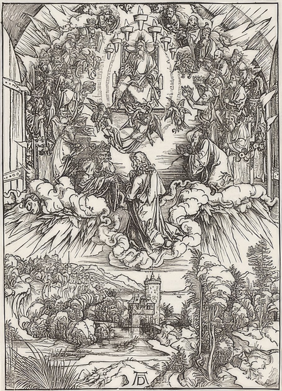 János az Atyaisten és a Vének előtt, az Apokalipszis epizódjából. 1496 alkotó: Albrecht Dürer