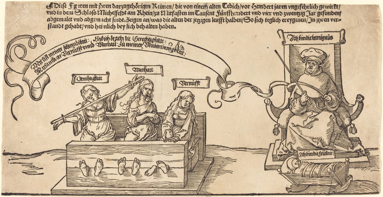 Igazságosság, igazság és ész a részvényekben az ülő bíróval és az alvó jámborsággal alkotó: Albrecht Dürer