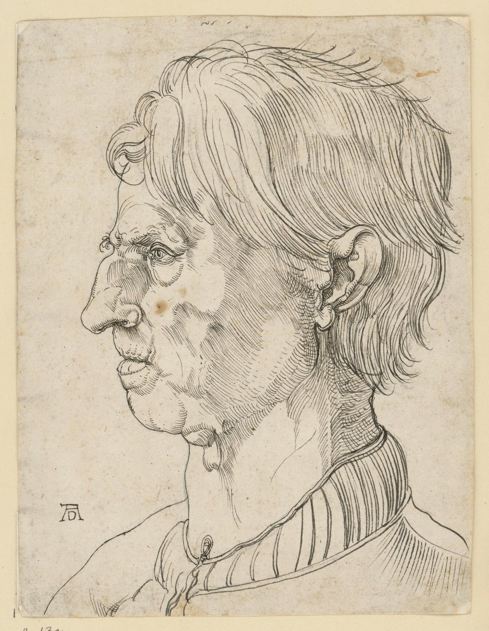 Egy idősebb, szakálltalan férfi feje, balra néző profilban alkotó: Albrecht Dürer
