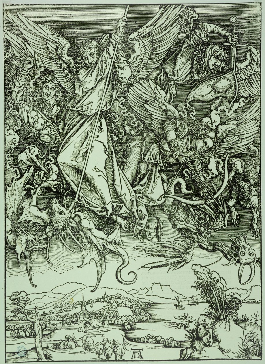 A Jelenések könyve (latin kiadás): Szent Mihály legyőzi a sárkányt (Bartsch 72) alkotó: Albrecht Dürer
