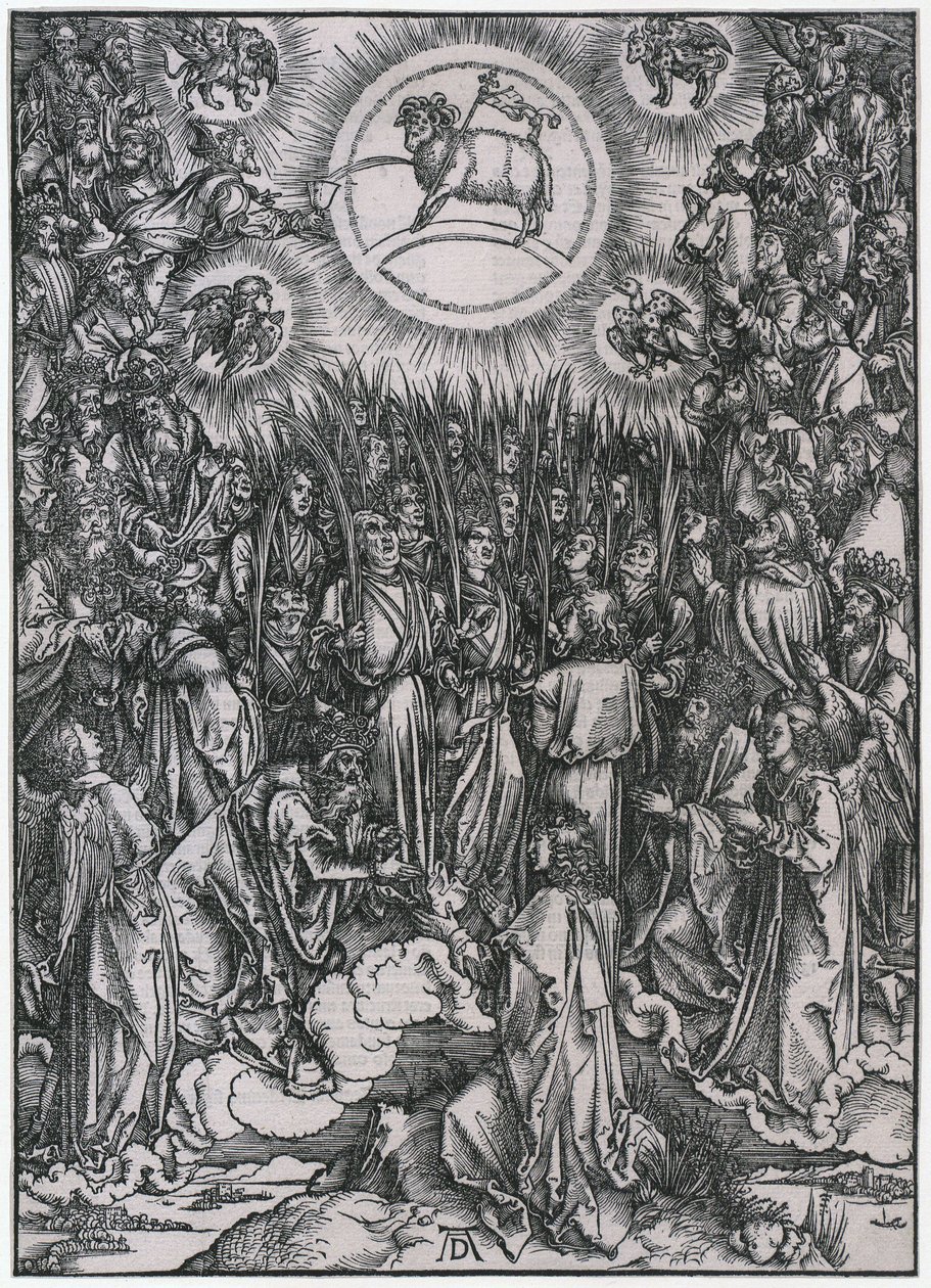 A kiválasztottak dicsőítő éneke a mennyben / A Bárány imádása, XII. alak, 14. lap a „Jelenések könyve” sorozatból alkotó: Albrecht Dürer