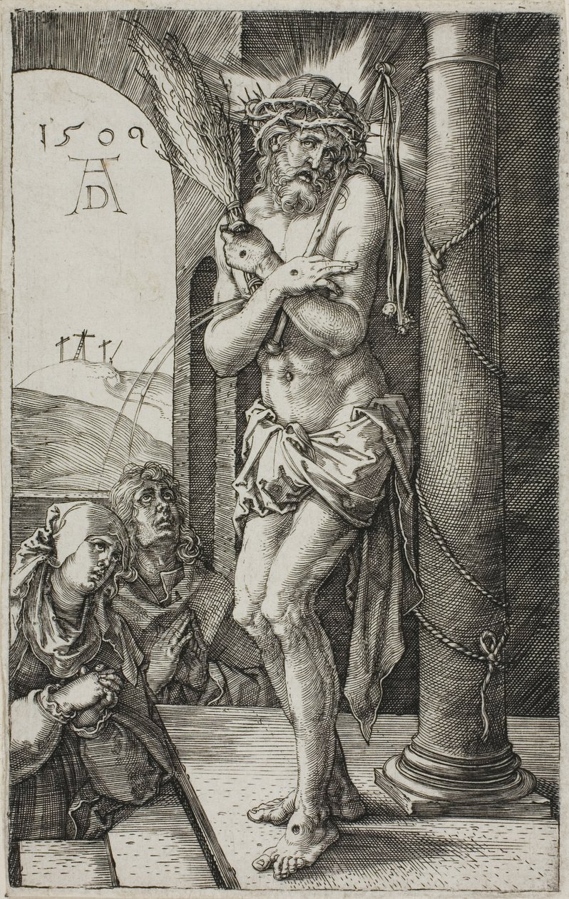 Fájdalmak embere az oszlop mellett, előlap a Vésett szenvedélyből, alkotó: Albrecht Dürer