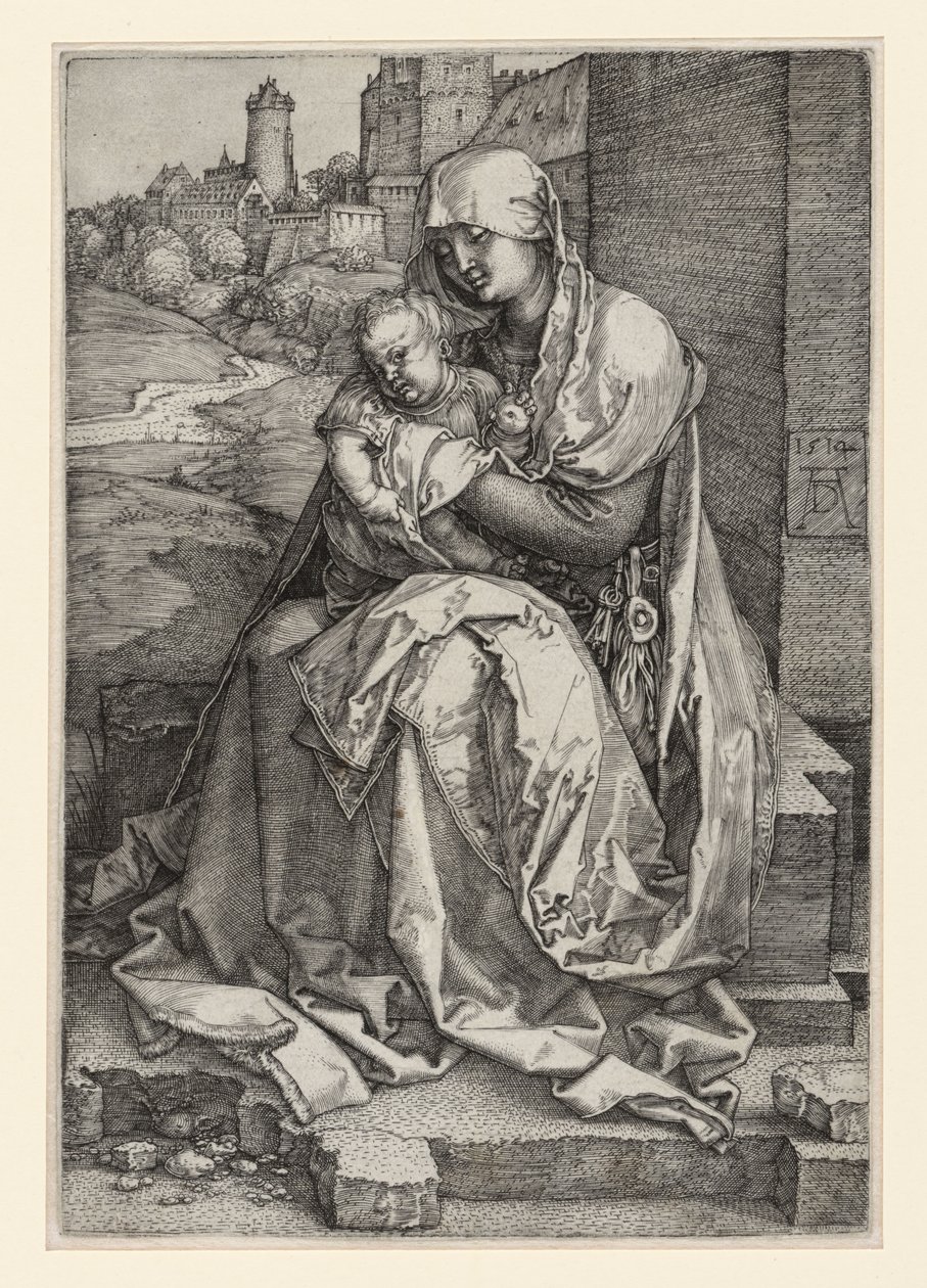 Mária a gyermekkel egy fal előtt ülve alkotó: Albrecht Dürer