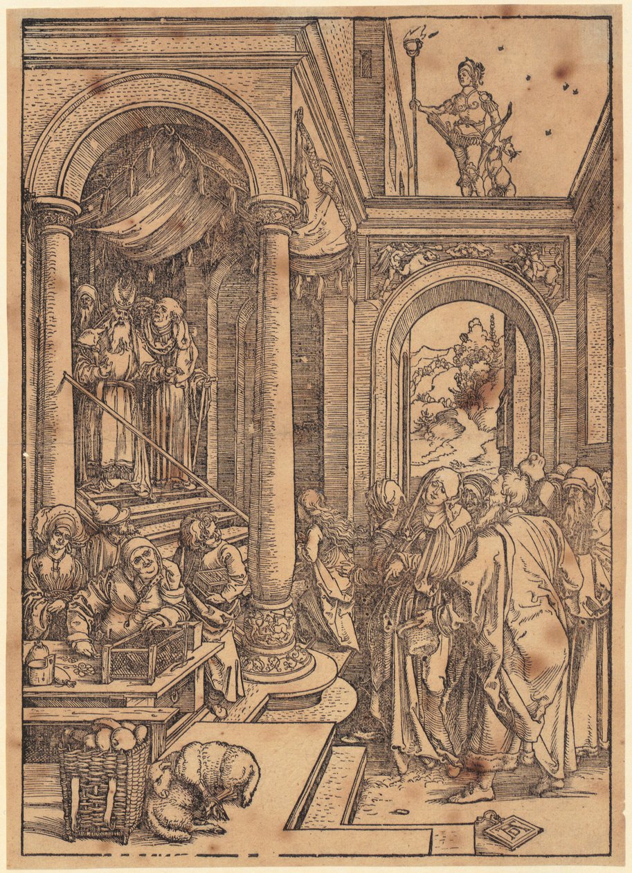 Mária bemutatása a templomban, a „Mária élete” sorozat 6. lapja alkotó: Albrecht Dürer