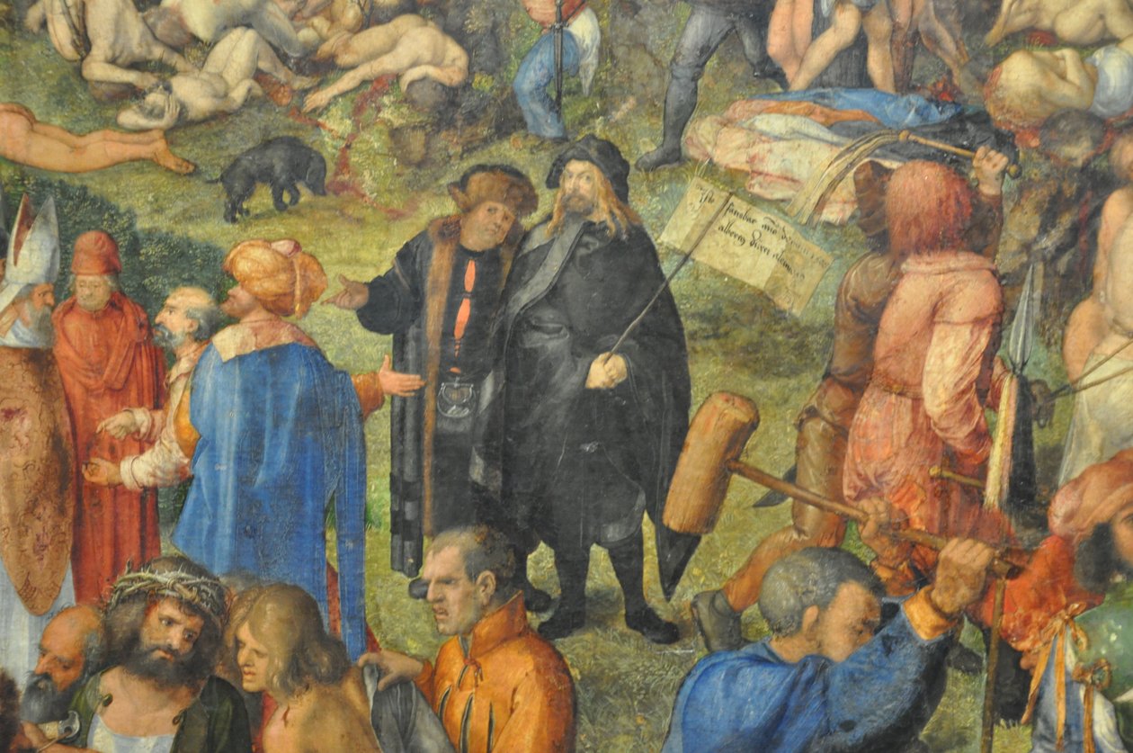 A tízezer keresztény mártíromsága; részlet: Dürer és Conrad Celtis. alkotó: Albrecht Dürer