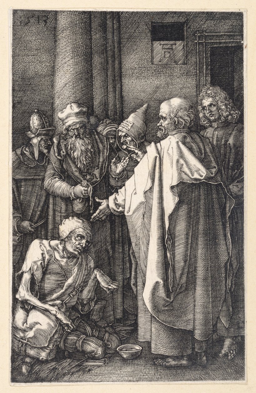 Péter és János meggyógyít egy sánta koldust a templomban (Rézmetszetes passió) alkotó: Albrecht Dürer
