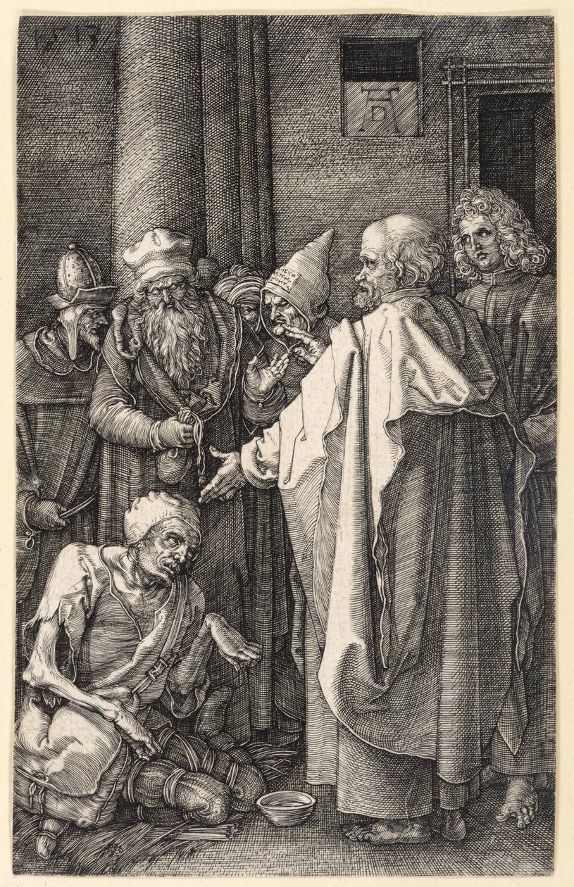 Péter és János meggyógyít egy sánta koldust a templomban (Rézmetszetes passió) alkotó: Albrecht Dürer
