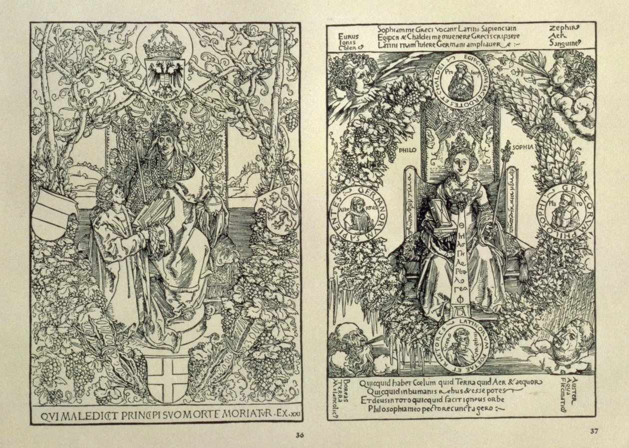 Filozófia és egy Habsburg császár, a nürnbergi Konrad Celtis által írt Quatuor Libri Amorumból, 1502 alkotó: Albrecht Dürer