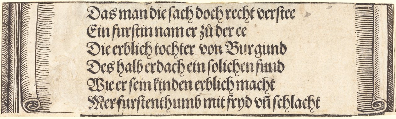 Nyomtatott szöveg a "Maximilianus eljegyzése Burgundiai Máriával" alkotó: Albrecht Dürer