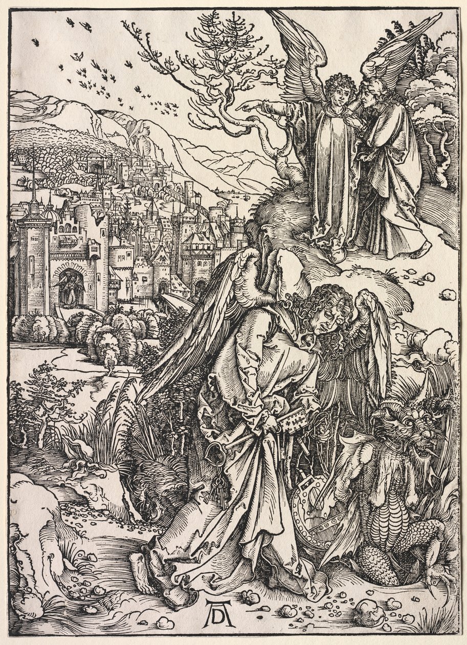 Szent János kinyilatkoztatása: Angyal a feneketlen gödör kulcsával, 1511. alkotó: Albrecht Dürer