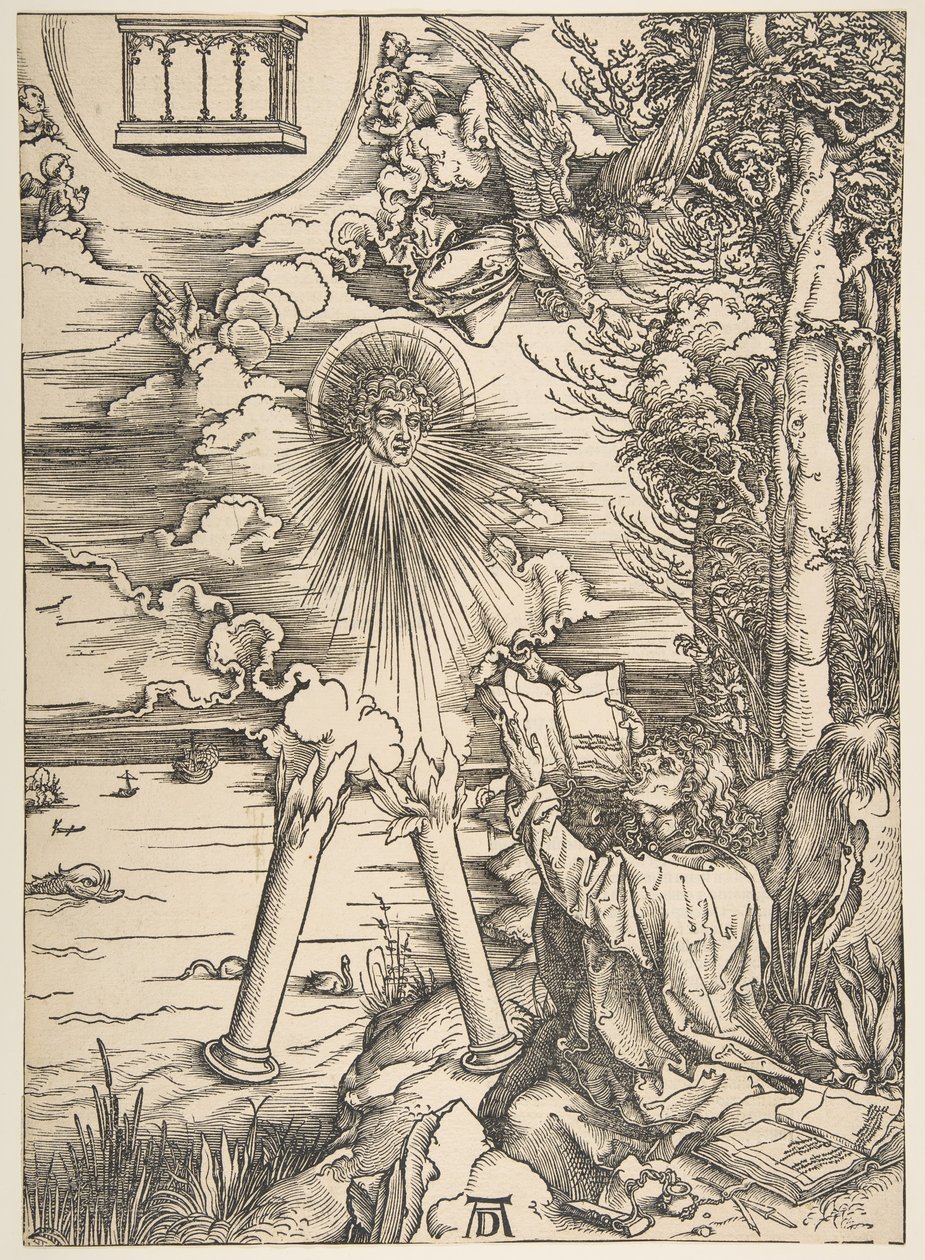 Szent János lenyeli a könyvet, az Apokalipszisből, latin kiadás, 1511, 1511. alkotó: Albrecht Dürer