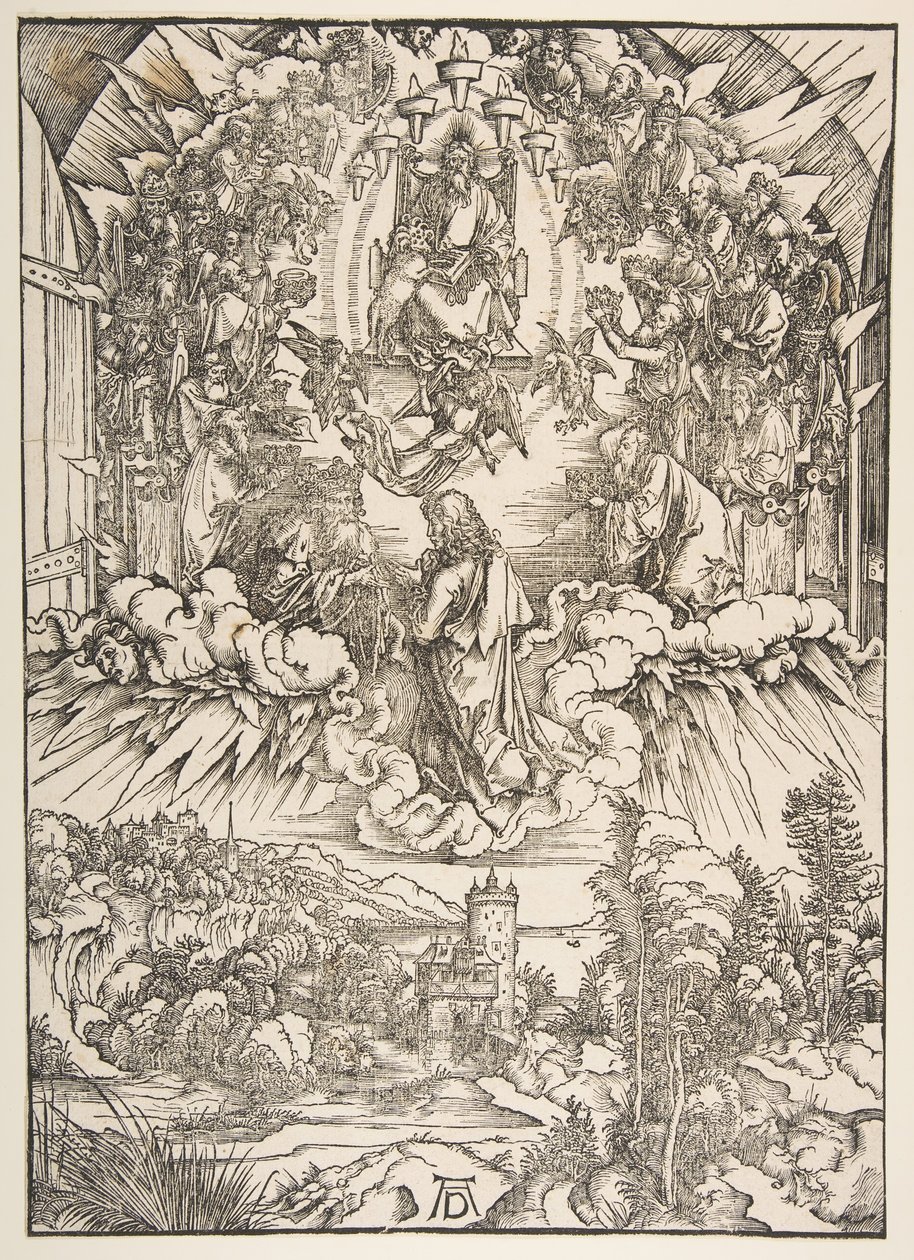 Szent János Isten és a Vének előtt, Az Apokalipszisből, kb. 1496. alkotó: Albrecht Dürer