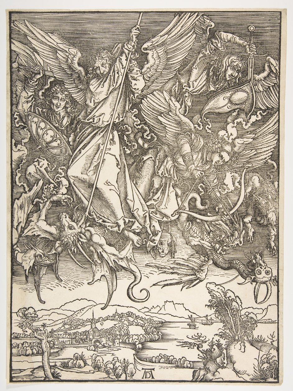 Szent Mihály és a sárkány, Az Apokalipszisből, kb. 1498. alkotó: Albrecht Dürer