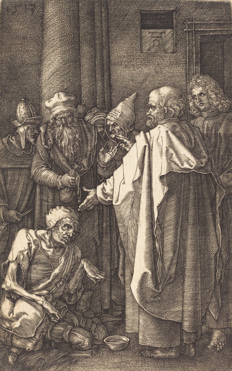 Szent Péter és Szent János egy nyomorékot gyógyít a templom kapujában, 1513. alkotó: Albrecht Dürer