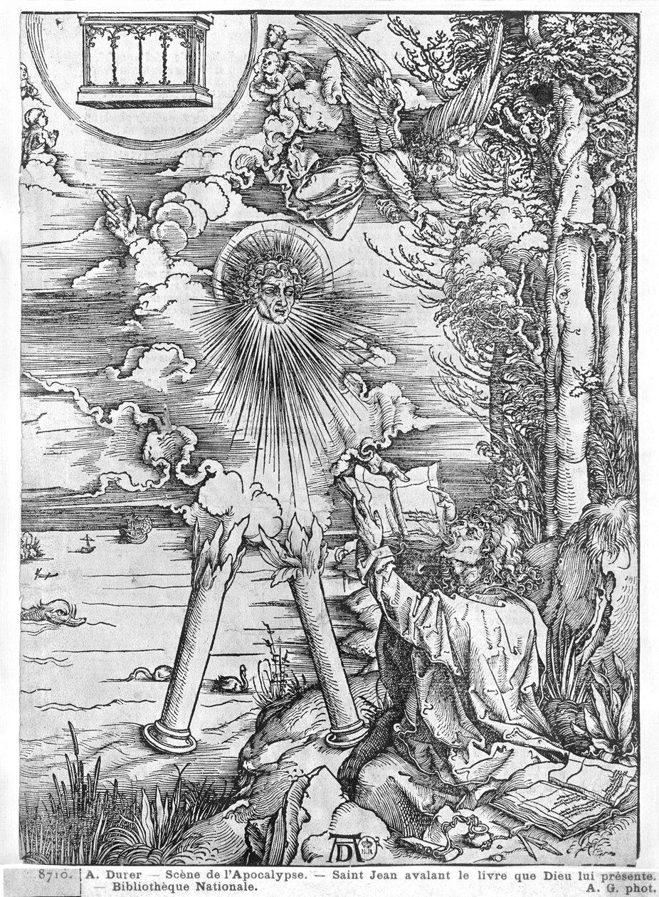 Jelenet az Apokalipszisből, Szent János felfalja a könyvet, latin kiadás, 1511 (fametszet) (bw fotó) alkotó: Albrecht Dürer