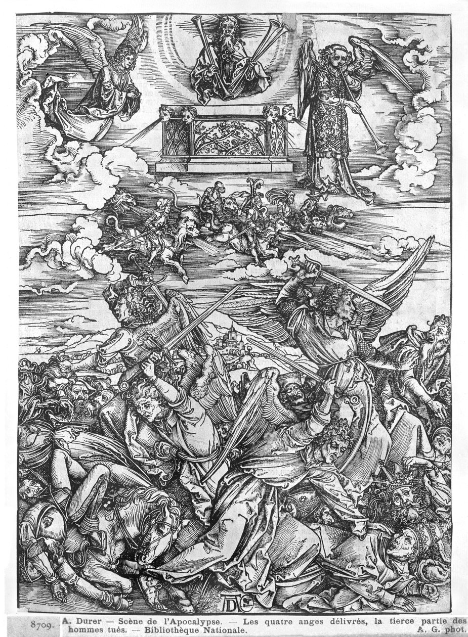 Jelenet az Apokalipszisből, A négy bosszúálló angyal, latin kiadás, 1511 alkotó: Albrecht Dürer