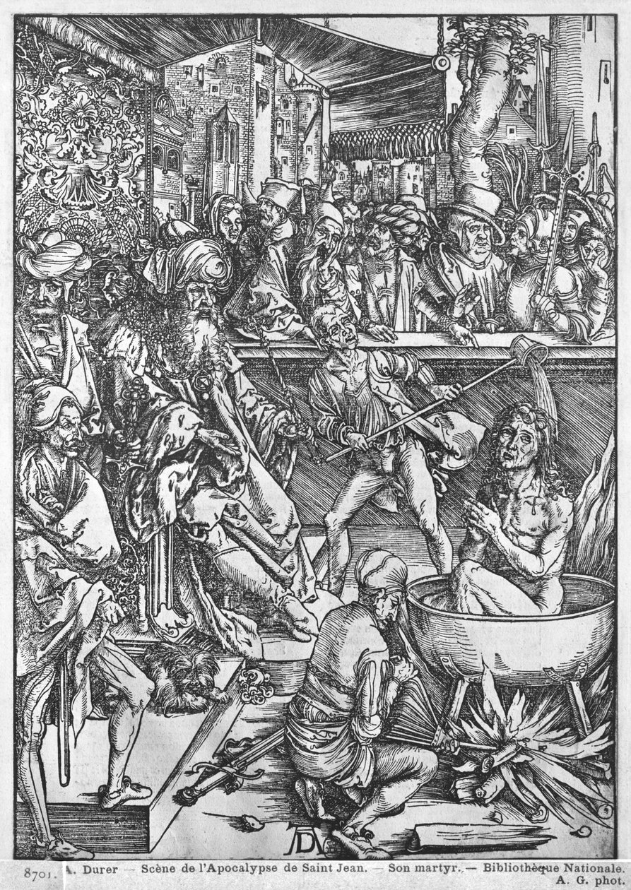 Jelenet az Apokalipszisből, Szent János evangélista mártíromsága, latin kiadás, 1511 alkotó: Albrecht Dürer